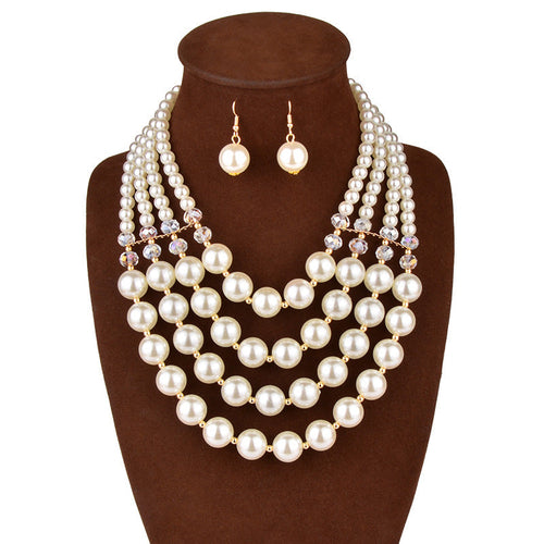 Europe Crystal Pearl Long Necklace Earrings - Bride jewelry set