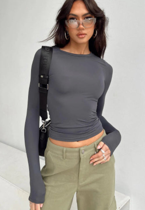 Women's Clothing Fashion Slim Long-sleeved Pullovers Tops Solid Causal