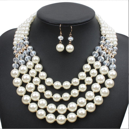 Europe Crystal Pearl Long Necklace Earrings - Bride jewelry set